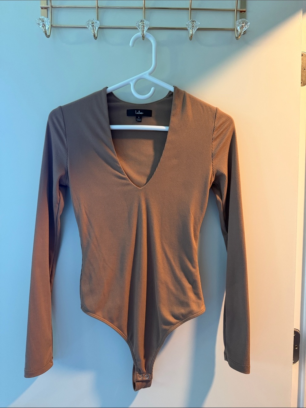 Lulu's Ribbed V-Neck Long Sleeve Bodysuit in Tan
